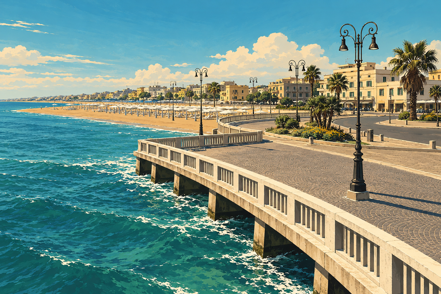 Illustrazione del lungomare di Ostia, con balustrade, lampioni e mare
